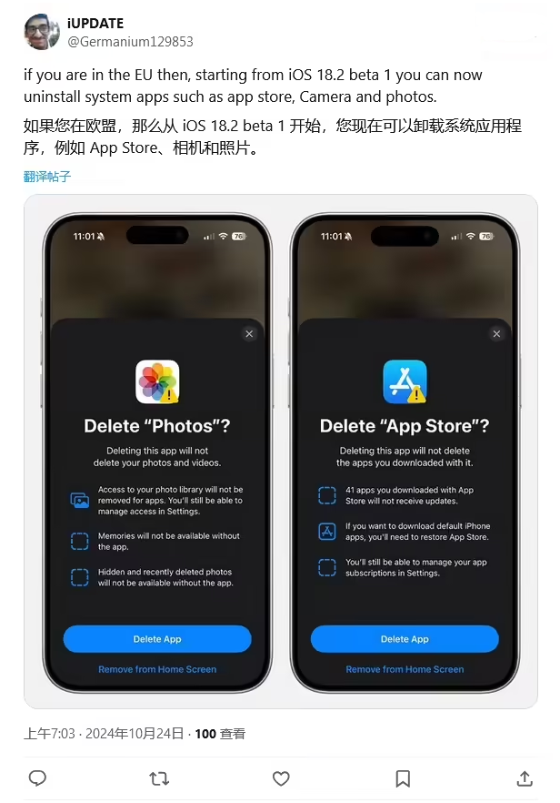 达孜苹果手机维修分享iOS 18.2 支持删除 App Store 应用商店 