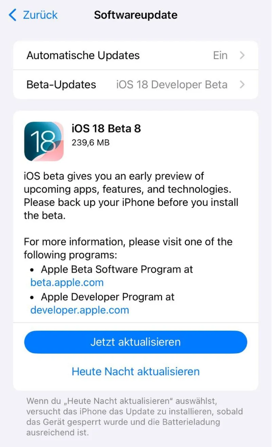 达孜苹果手机维修分享苹果 iOS / iPadOS 18 开发者预览版 Beta 8 发布 